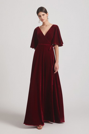 Velvet Maxi Bridesmaid Dresses with Elbow Length Flutter Sleeves Canada