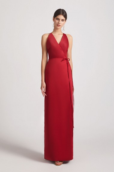 V-Neck Tie-Waist Open Back Long Satin Sleeveless Bridesmaid Dresses Canada