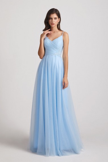 Spaghetti Straps V-Neck Pleated Long Tulle Bridesmaid Dresses Canada