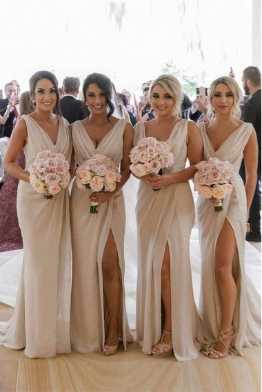 Sexy Long Chiffon Champagne Bridesmaid Dresses with High Slit and Front Ruffles Canada