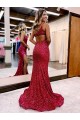 Burgundy Mermaid One Shoulder Sleeveless Long Sweep Train Velvet Sequin Prom Dress Canada