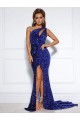 Royal Blue Mermaid One Shoulder Sleeveless Long Court Train Velvet Sequin Prom Dress Canada