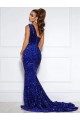 Royal Blue Mermaid One Shoulder Sleeveless Long Court Train Velvet Sequin Prom Dress Canada