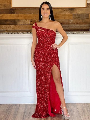 Burgundy Sheath One Shoulder Sleeveless Long Sweep Train Velvet Sequin Prom Dress Canada