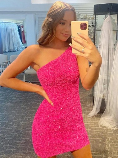 One Shoulder Sheath Sleeveless Short Velvet Sequin Prom Dress Canada