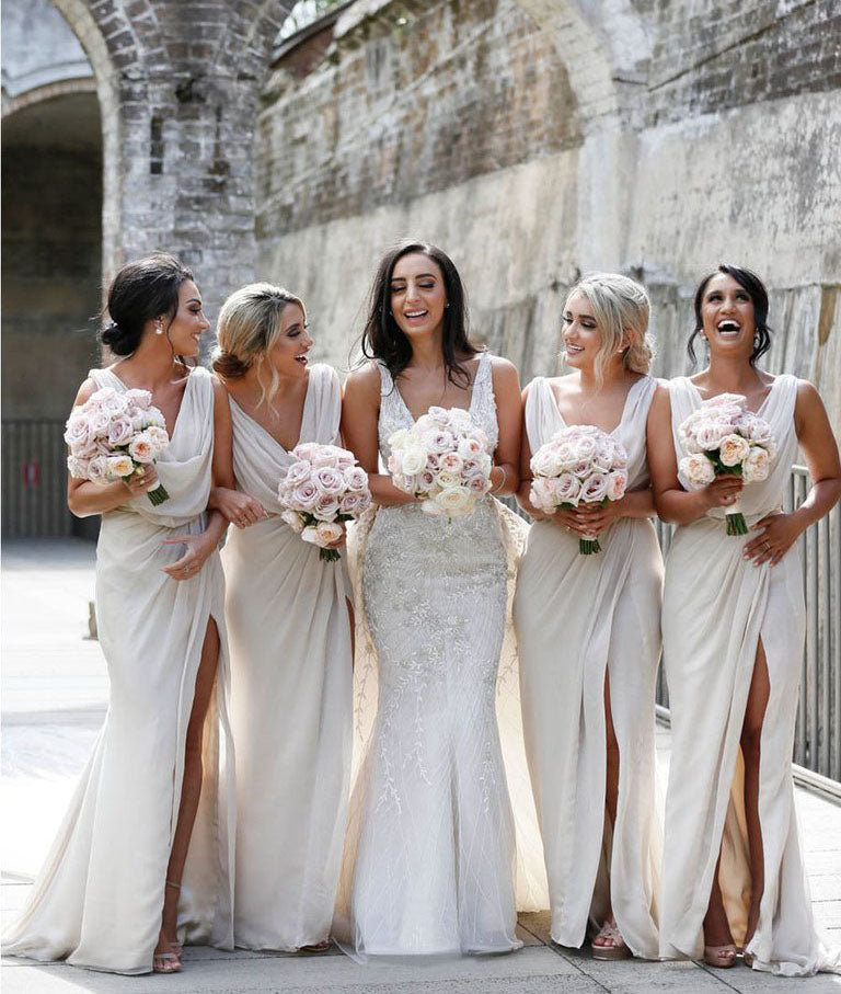 Sexy Long Chiffon Dusty Blue Bridesmaid Dresses with High Slit and Front Ruffles (AF0375)