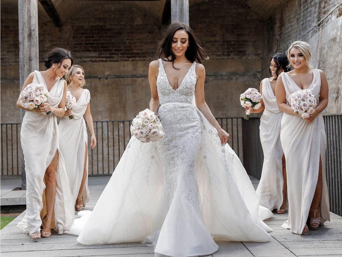 Sexy Long Chiffon Dusty Blue Bridesmaid Dresses with High Slit and Front Ruffles (AF0375)